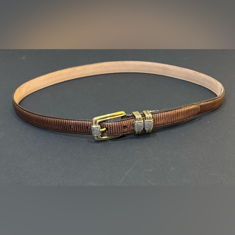VTG 2000s Brighton Brown Lizard Embossed Leather Belt Gold/Silver Buckle XL USA